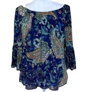 JOIE DE VIVRE TOP NAVY BLUE TURQUOISE ORANGE SHEER BELL SLEEVES ON/OFF SHOULDER